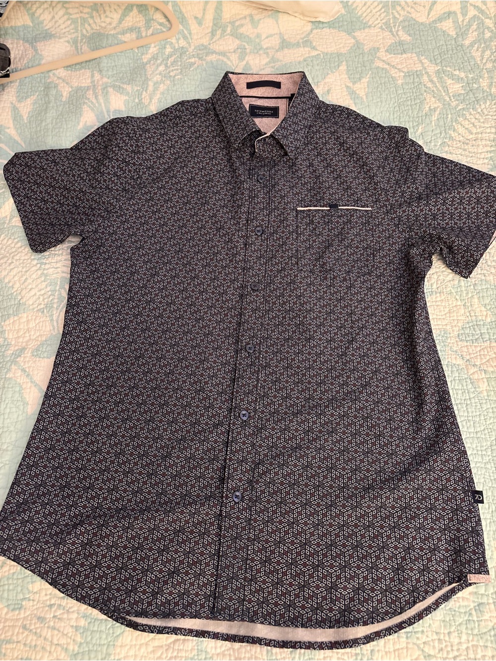 7 Diamonds 4 Way Stretch Navy Geometric Short Sleeve Button-Down Shirt Men’s